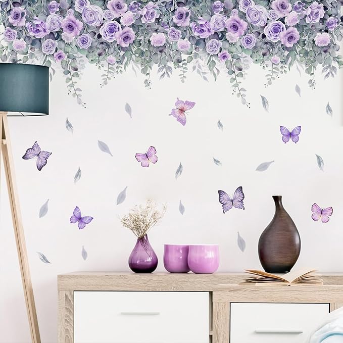 TUOKING Purple Rose Wall Stickers Removable Butterfly Wall Murals | Peel and Stick Wall Art Decal Home Decor for Kitchen,Bedroom,Living Room(MS2306) - Image 6