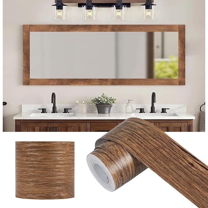 Alened 10M Brown Mirror Border Peel and Stick, Wood Grain Wallpaper Border by Alened