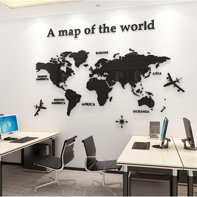 WINDIR 3D World Map Wall Stickers Decor Murals DIY Decal Black 71x40 inch, Acrylic Office Wall Art Decor Bedroom Living Room TV wall (Black: 180x100 cm) Large - Image 6