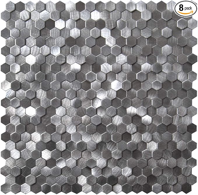 KASARO Peel and Stick Backsplash Tiles, 12" x 12" 3D Gray Hexagon Metal Mosaic Wall Panel, Self-Adhesive Waterproof Kitchen Backsplash for Bathroom, Fireplace, Living Room Decor, 8 Pack by KASARO