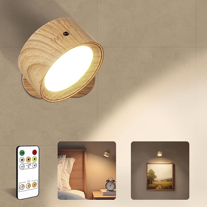 Rechargeable Wall Sconces with Remote, Magnetic Wall Lights, Wood 1 Pack | 3 Color Temperatures, Remote and Touch Control, 360° Rotating and Dimmable for Living Room & Bedroom by AMETHEUS