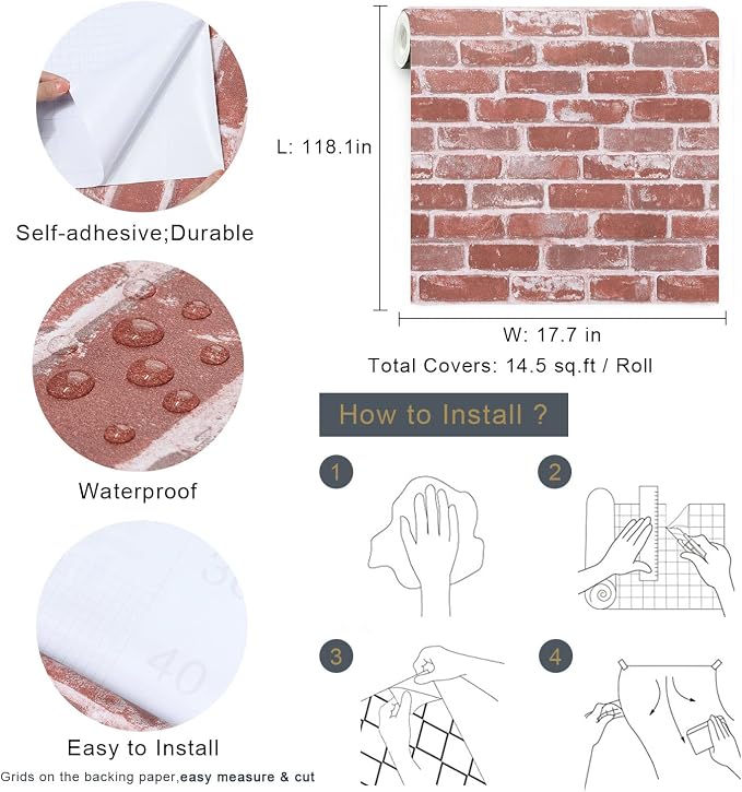 Timeet Red Faux Brick Wallpaper Peel and Stick Wallpaper 17.7" x 118.11" Self Adhesive Contact Paper Stick on Wall Paper Christmas Fireplcae Decoration Easy to Install - Image 5