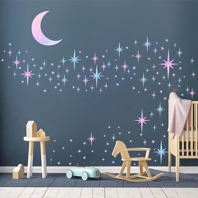 Retro Star Wall Decals Sparkle Wall Decor Stickers Rainbow Stars Moon Decal | Rainbow star room decor, peel and stick, removable vinyl art murals wallpaper, for ceiling baby kids girl bedroom living room by Easma