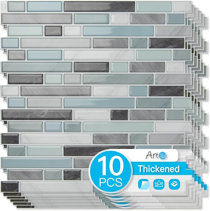 Art3d Linear Design Tile Peel and Stick Backsplash, 10-Sheet, Gray & Blue | 12 x 12 Inch, Enhanced Thickness, Warp Resistant, Strong Adhesion, Sturdy, for Kitchen, Bedroom, Ideal for Home Improvement by Art3d