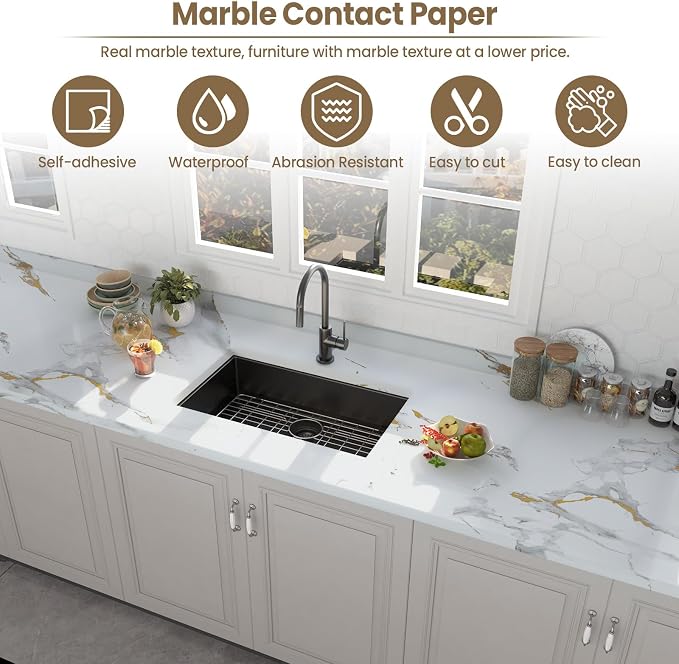 Marble Contact Paper Gold Peel and Stick Wallpaper for Kitchen Countertop | 11.8" x 78.7" Glossy White Granite Removable Wall Paper for Kitchen Countertop Cabinet Furniture - Image 2