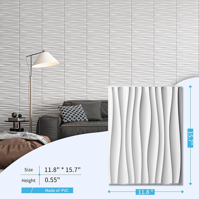 Art3d PVC Wavy Textured 3D Wall Panels, 15.7 x 11.8 Inch, 24-Pack, White | PVC, Waterproof, Featherlight, Scratch Resistant, Perfect for Office, Living Room & Home Decor - Image 3