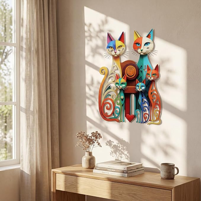 Wesiti Cat Wall Art Colorful Metal Sculpture, Mid Century 5 Cats Iron Decor | Atomic Retro Design for Feline Enthusiasts, Geometric Style Adds Flair in Living Room Bedroom, 12.6 X 15.7 Inches - Image 3