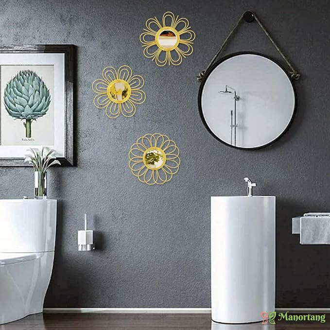 Gold Mirrors 3 Piece, 9 inch Flower-Indoor Shaped Mirror Hanging Wall Decor - Image 5