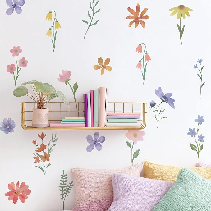 Nursery Floral Wall Stickers Decals Peel and Stick Decor 12 Sheets | Peel & stick, no residue, watercolor, nursery kids room bedroom playroom classroom decor, DIY craft, safe non-toxic material by QUCHENG