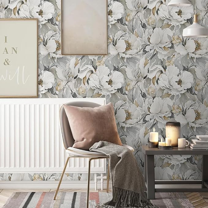 MuralPeel White Poppies Floral Modern Grey Peonies Flowers Peel and Stick Wallpaper Self Adhesive Removable Easy Peel Off Stick on Wall Paper for Bedroom Renter - Image 2