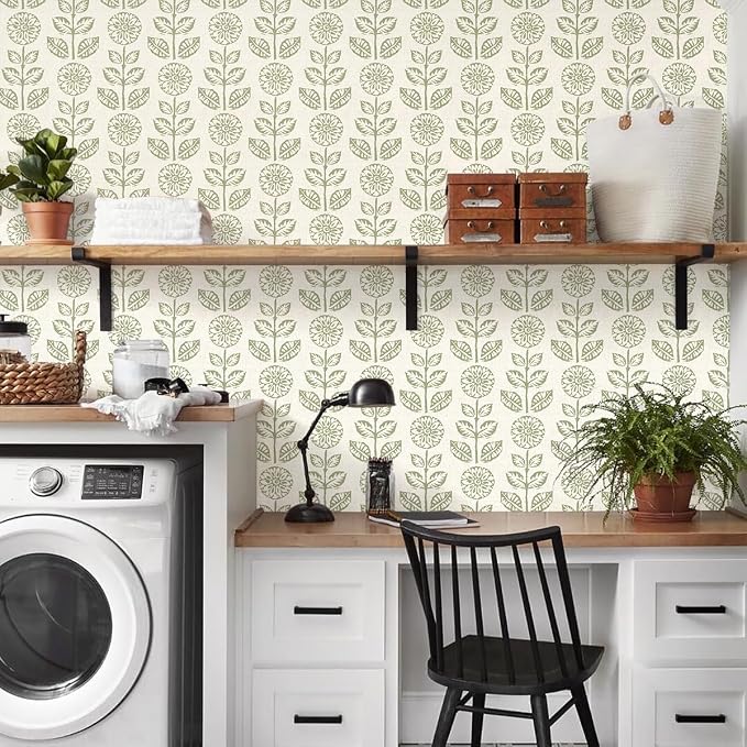 Wudnaye Floral Wallpaper Peel and Stick Boho Contact Paper 17.7in×393.7in | Vintage Floral Peel and Stick Wallpaper Boho Self Adhesive Wall Paper Beige Green Waterproof Removable Wallpaper for Bathroom - Image 8