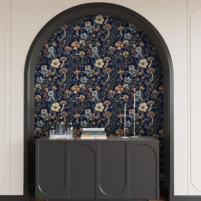 Froluya Mushroom Peel and Stick Wallpaper Dark Blue Floral 16.9" x 196.8" | Dark Floral Contact Paper Navy Blue Floral Wallpaper Vintage Boho Self Adhesive Removable Wall Paper Kitchen Bathroom Vinyl - Image 9