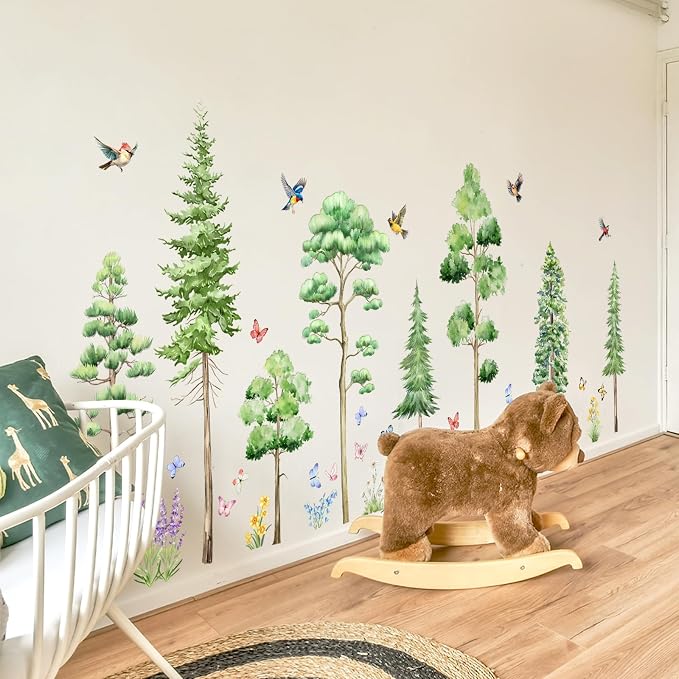 Watercolor Large Tree Wall Stickers Peel and Stick Murals Decal | Pine Tree Wall Forest Decal for Living Room TV Walls Baby Bedroom Classroom Nursery (Green Various Trees, 11.8 * 35.4inch) - Image 3