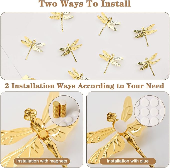 12Pcs Gold Wall Decor, 3D Dragonfly with Removable | Refrigerator Magnets Stickers Decor, Birthday Party Decorations, for Home, Bathroom, Living Room - Image 2