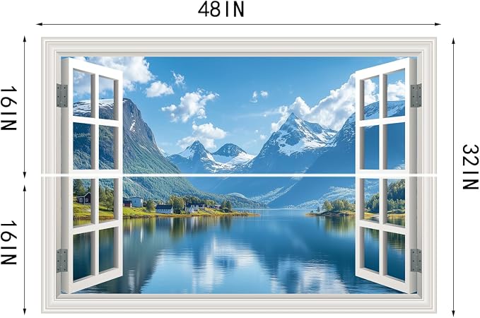 Fake Window Poster Wall Mural Sticker Mountain Lake Forest Prints Faux Window Wall Art Picture Decals Decor, Stick and Peel Landscape Natural Scenery 48" x 32" Set of 2 Sheets - Image 7