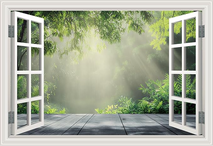 Fake Window Poster Wall Decal - Morning Green Forest Faux Window Wall Mural Prints for Wall Decor, Peel and Stick Wall Sticker 48" x 32" Set of 2 Sheets by Unknown