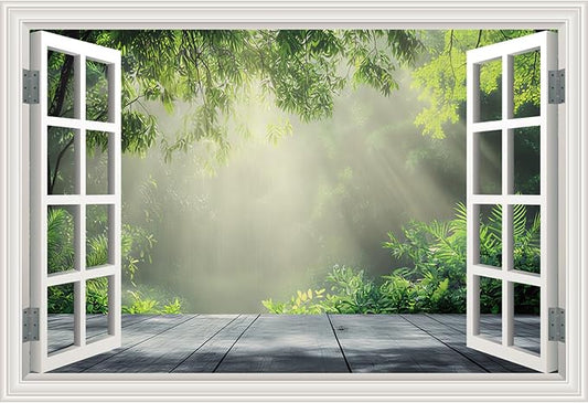 Fake Window Poster Wall Decal - Morning Green Forest Faux Window Wall Mural Prints for Wall Decor, Peel and Stick Wall Sticker 48" x 32" Set of 2 Sheets by Unknown