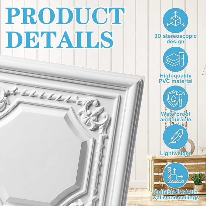 RattanView 33 Pack PVC 3D Wall Panels for Interior Wall Decor Decorative White Ceiling Tiles for Bedroom TV Background Gaming Room 12 x 12 Inch Drop Ceiling Panels Modern Accent Art - Image 4