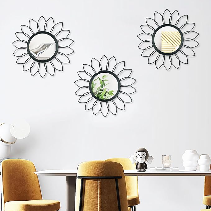 3 Pack Metal Mirrors for Wall Sunburst Wall Mirrors Home Décor Decorative Hanging Wall Art for Living Room Bedroom Entryway (Black, Flowers) - Image 7