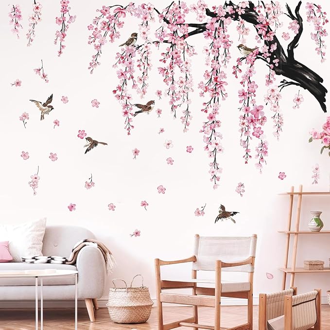 Large Pink Flower Wall Stickers, 47"x71" Removable DIY Romantic Cherry Blossom Tree Wall Murals Peel and Stick 3D Wall Art Stickers Home Decor for Gilrs Bedroom Nursery Rooms Living Room - Image 4