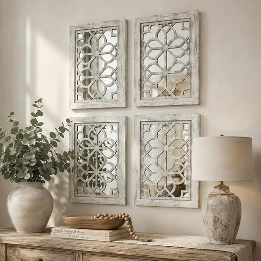 Set of 4 11x15 Inch Rectangular Shatterproof Grey Decorative Wall Mirrors, Boho Farmhouse Rustic Vintage Accent Mirrors for Living Room Bedroom Entryway & Home Decor by HMANGE