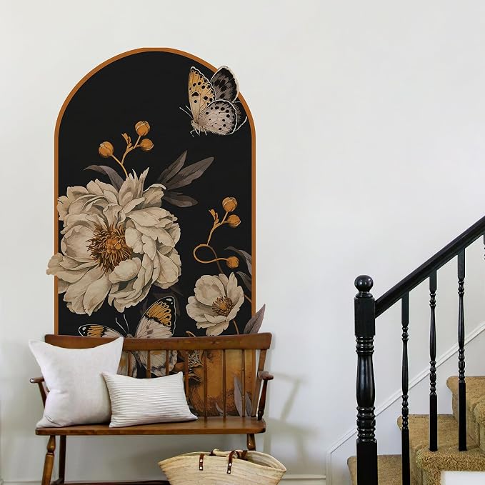 Boho Arch Wall Decals Vintage Floral Wall Sticker Peel and Stick 60"x 34.6" | Large Brown Flower Mural for Door Decor Removable Warm Peony Butterfly Wall Decal for Bedroom Living Room Office - Image 5