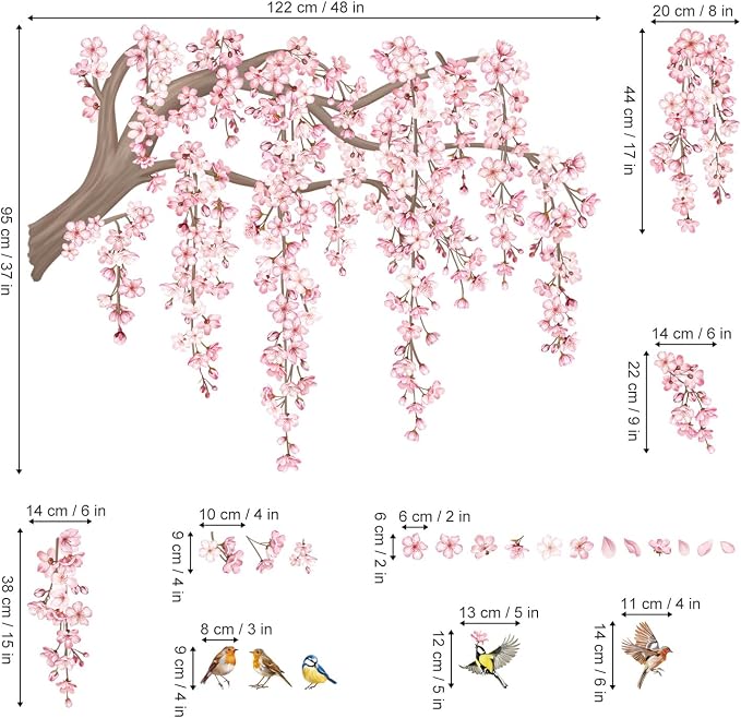 decalmile Pink Flower Tree Branch Cherry Blossom Wall Decals Stickers (XL) - Image 4