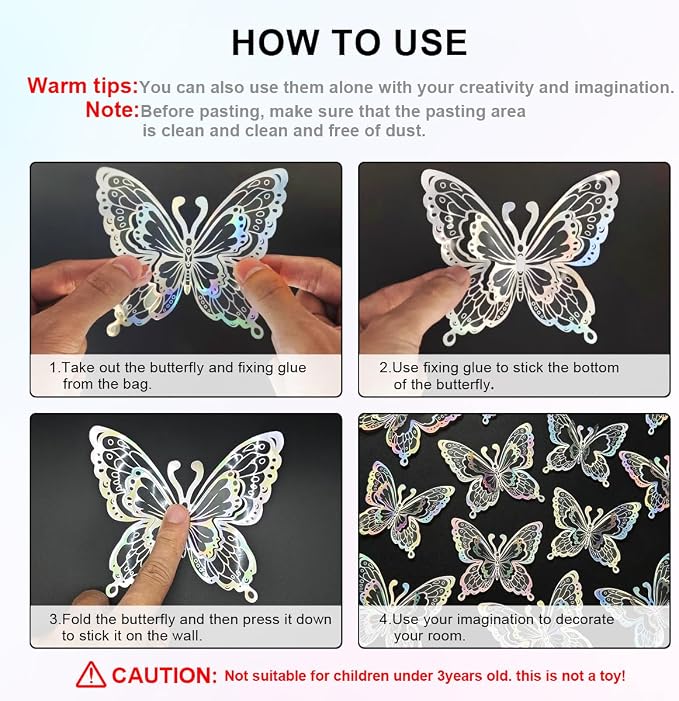 Butterfly Wall Stickers - 60pcs 3D Butterflies Removable Mural Wall Stickers for Home Room Bedroom Decoration Reusable Stickers (Sliver) - Image 3