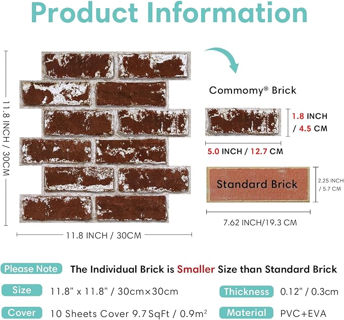 Commomy 3D Wall Panels Peel and Stick Faux Brick 10 Pcs 11.8" x 11.8" | Small Size Thin PVC Brick Wallpaper Tiles Backsplash for Kitchen,Bedroom,Living Room,Quick DIY Wall Decor(Covers 9.7 sq.ft) - Image 4