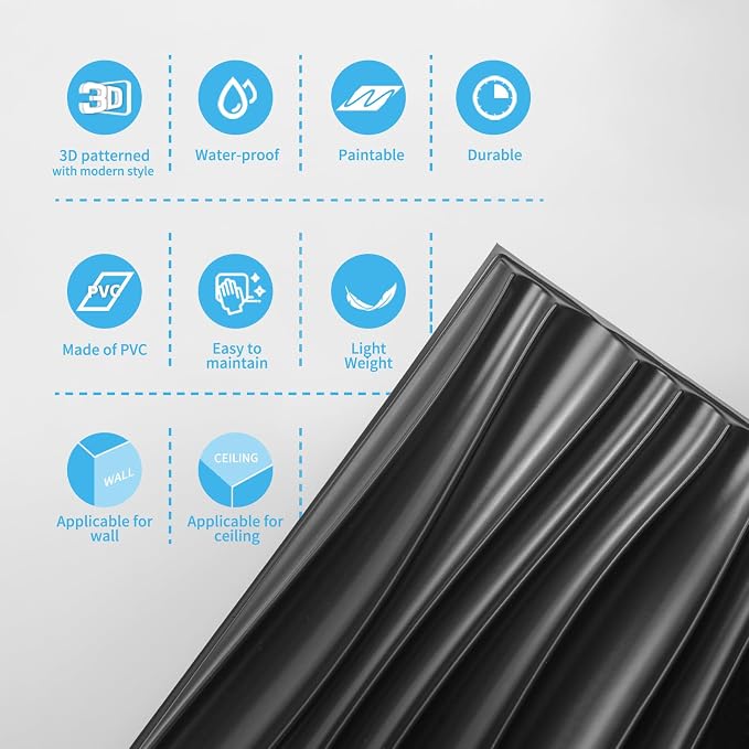Art3d PVC Wavy Textured 3D Wall Panels, 15.7 x 11.8 Inch, 24-Pack, Black | PVC, Waterproof, Featherlight, Scratch Resistant, Perfect for Office, Living Room & Home Decor - Image 9