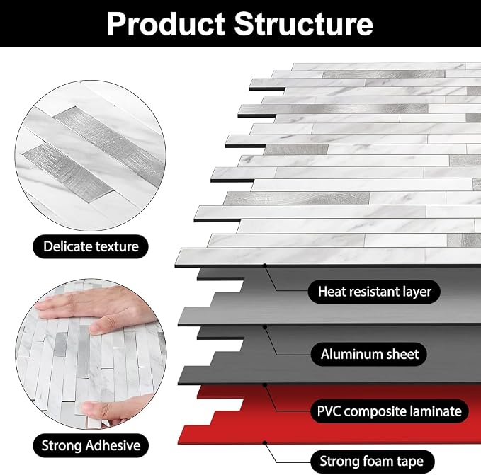 KASARO Peel and Stick Marble Backsplash Tile, 10 Sheets, White Marble with Silver Embellished Stripes, Self-Adhesive Wall Tile for Kitchen, Bathroom, Fireplace, RV (11.4” x 10.6”) - Image 4