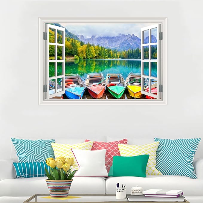 Fake Window Wall Decal- Far Mountains Forest Lakes Boat Open Art Sticker | Faux Window Natural Scenery Landscape Mural ｜ Stick and Peel Wall Decals｜Room Bedroom Office Decor｜48"x32",Set of 2 Sheets - Image 2