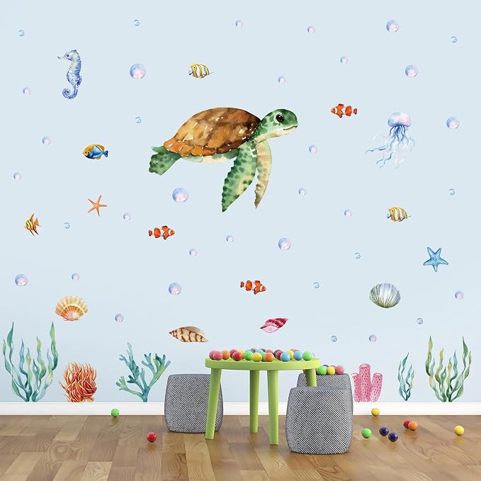Large Summer Ocean Window Clings Decals, Watercolor Sea Turtle Jellyfish Bubbles Wall Stickers, Peel and Stick Ocean Anmial Wall Decor for Bedroom Bathroom Window School Nursery Decoration - Image 5