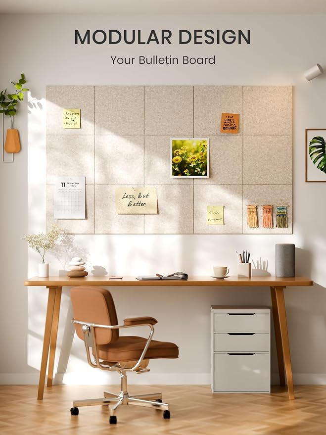Bumusty 48"x 36" Large Felt Bulletin Board Tiles, Oatmeal | 12-Pack Cork Board Alternative, Wall Decor, 30 Pushpins, 60 Adhesive Tabs, Vision Board, Office, Classroom, Home, Dorm - Image 7