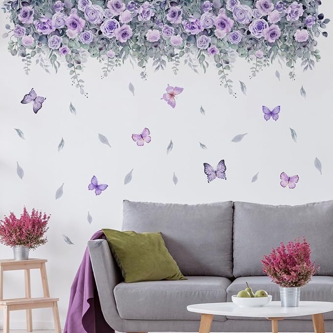 TUOKING Purple Rose Wall Stickers Removable Butterfly Wall Murals | Peel and Stick Wall Art Decal Home Decor for Kitchen,Bedroom,Living Room(MS2306) - Image 3