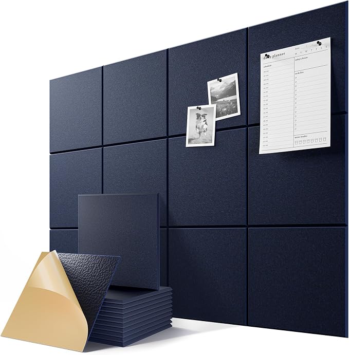 6-Pack Self-Adhesive Acoustic Panels, 12" X 12" X 0.4" High-Density Sound Proof Foam Panels for Walls, 36" x 24" Felt Bulletin Board, Soundproof Wall Panels for Home & Office (Navy Blue) by Lebenforce