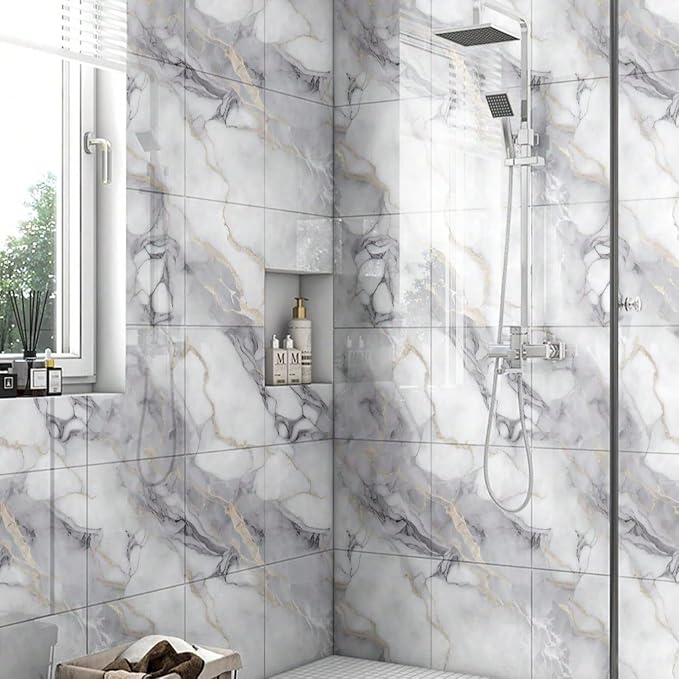 Chejiaye 10pcs Marble Peel and Stick Backsplash Waterproof Washroom Wall Panels, Peel and Stick Tile, PVC Foam Wall Panels for Kitchen,Bathroom,Living Room,Colorful (Not Real Tile,11.8" x 11.8") - Image 2