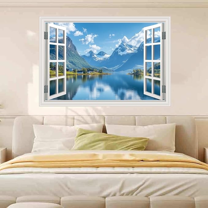 Fake Window Poster Wall Mural Sticker Mountain Lake Forest Prints Faux Window Wall Art Picture Decals Decor, Stick and Peel Landscape Natural Scenery 48" x 32" Set of 2 Sheets - Image 2