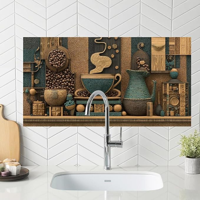Coffee Bean Teal Mosaic Kitchen Backsplash Peel and Stick, 30x16 in | Mosaic coffee beans, steaming cup and teal pitchers in brown and teal tones; flat 2D peel and stick; wipe clean; 30x16 in - Image 5