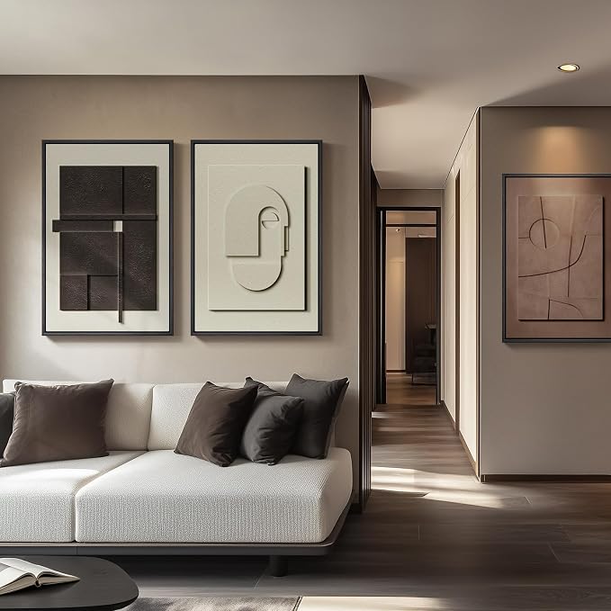 3D Large Framed Brown Abstract Wall Art for Living Room, 3Piece 24x36 In | Solid Wood Frames, Sandstone Textured Artwork for Walls, Black White Geometric Sculptural Pictures Wall Decor Bedroom Office - Image 2
