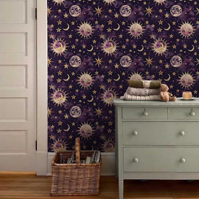 18"x236" Purple Gold Celestial Glittery Sun Star Peel and Stick Self Adhesive Wallpaper Removable Contact Paper Stick on Easy Peel Off Wall Paper for Kitchen Bedroom Bathroom Renter - Image 3