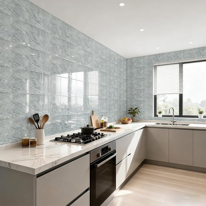 30Pcs Grey Marble Wall Panels 23.6"X11.8" PVC Waterproof Tiles Peel and Stick Wall Panels Self Adhesive Backsplash Tiles for Kitchen Living Rooms TV Walls Bathroom Rv Camper Van (Not Real Tile) - Image 3