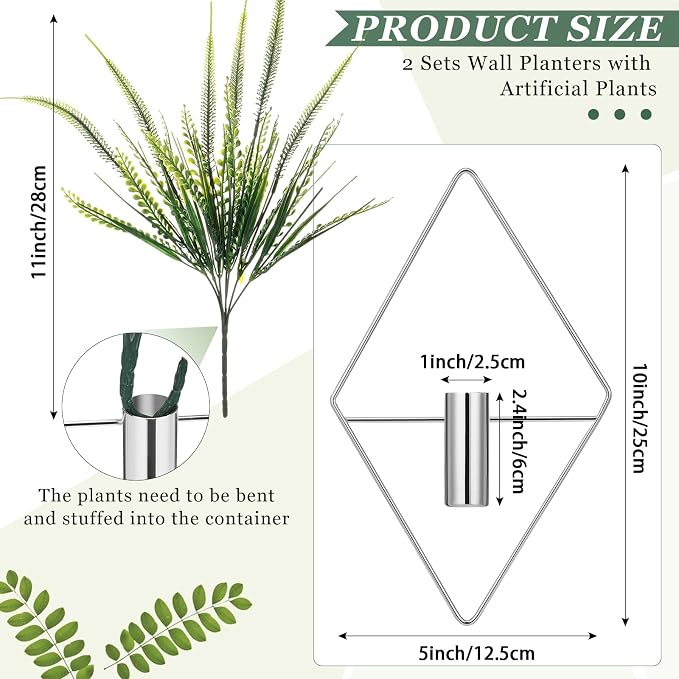Canlierr 2 Pieces Wall Decor Hanging Planters with Artificial Plants Metal Hanging Vase Indoor Plants Holder Modern Boho Wall Art for Bathroom Bedroom Living Room Decor(Silver,Boston Fern) - Image 2