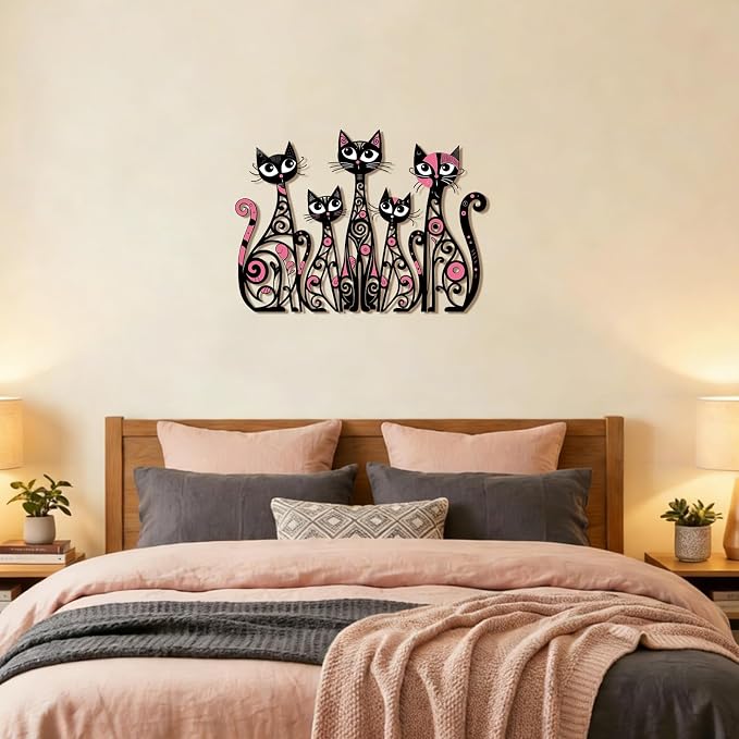 Wesiti Cat Wall Art Decor Metal, 10.6"x15.7" Mid Century Cat Pink Black | Iron Sculpture for Pet Lover, Retro Romantic Pink Swirl Design, Living Room Bedroom Kitchen Office Home Wall Decor Gift - Image 6