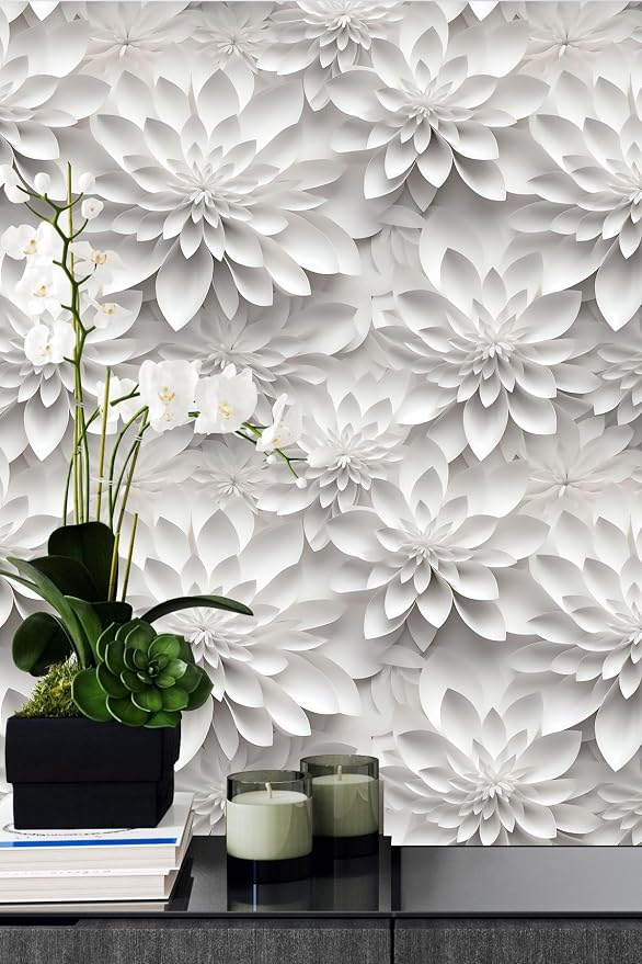 Peel and Stick Wallpaper White Gray Lotus Floral Accent by WEISENI
