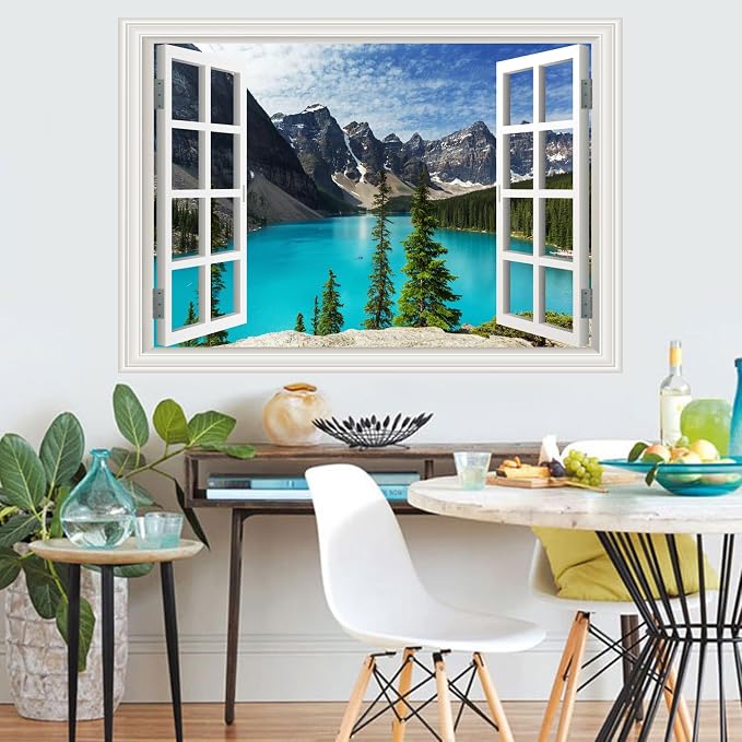 Large Murals Fake Window Wall Decal Summer Mountains Lake View Open Sticker | Faux Window Natural Scenery Landscape Mural｜ Stick and Peel Wall Decals｜for Room Bedroom Office Decor｜66"x48" - Image 6