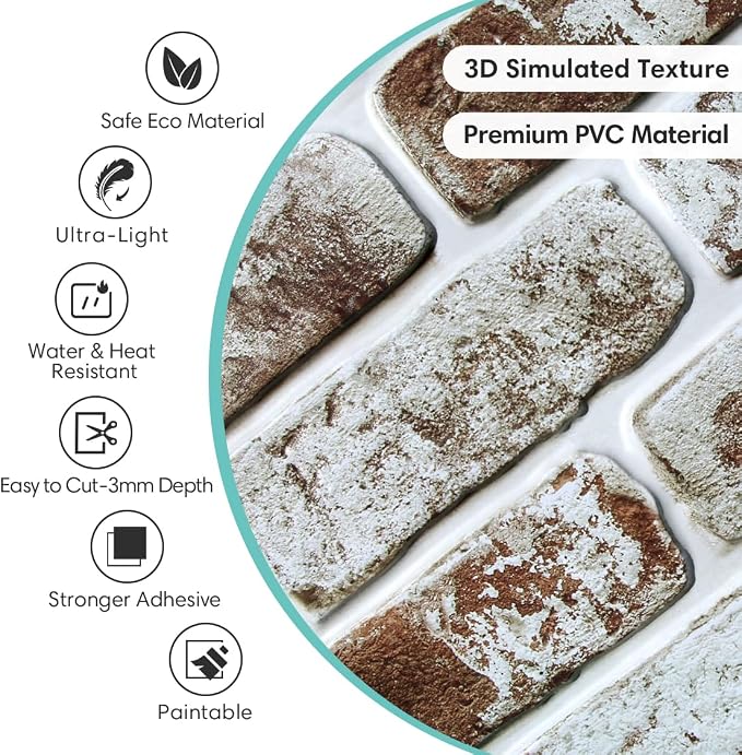 Commomy Faux Brick Panels Peel and Stick Wall Stickers 10 Pcs 11.8" x 11.8" | Small Size Thin PVC Fake 3D Brick Wallpaper for Kitchen,Fireplace,Home Office,Wall Covering Decor(Covers 9.7 sq.ft) - Image 3