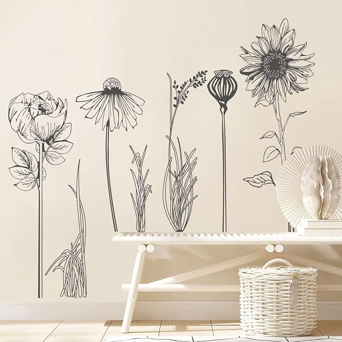 Black Simple Flower Plant Wall Decals, 2 Sheets Large Boho Floral Modern Wall Stickers Peel Stick Sketch Wildflower Wallpaper Art Decor for Bedroom Living Room Office Gifts for Mom(11.8x35.4 in/Sheet) - Image 2