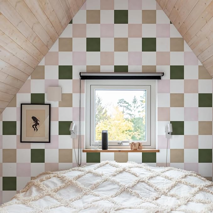 Ismoon Modern Peel and Stick Wallpaper Pink and Green Checkered Contact Paper Removale Self-Adhesive Stick on Wallpaper for Bedroom Bathroom Shlef Cabinet Décor 17.3in x 49.2ft - Image 4