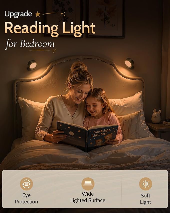 LED Wall Mounted Lights, Rechargeable Wall Sconces, 3 Color Temps, Remote & Touch, 360° Rotating and Dimmable for Bedroom, Bedside & Reading (Black, 2 Pack) - Image 4